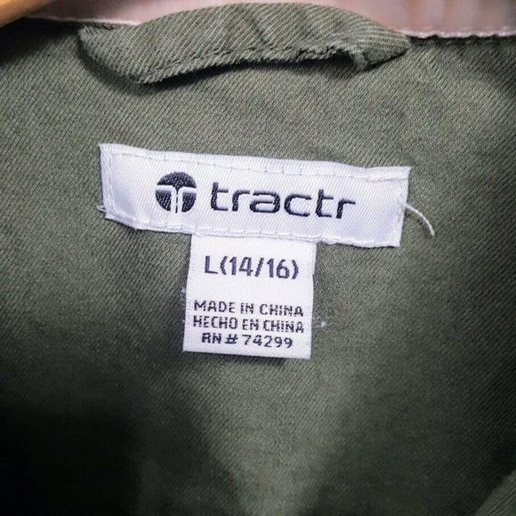 Tractr Girl's Shirt Size L 14-16 Pearl Snap Olive Green W Patches Rayon Cotton - Picture 2 of 10